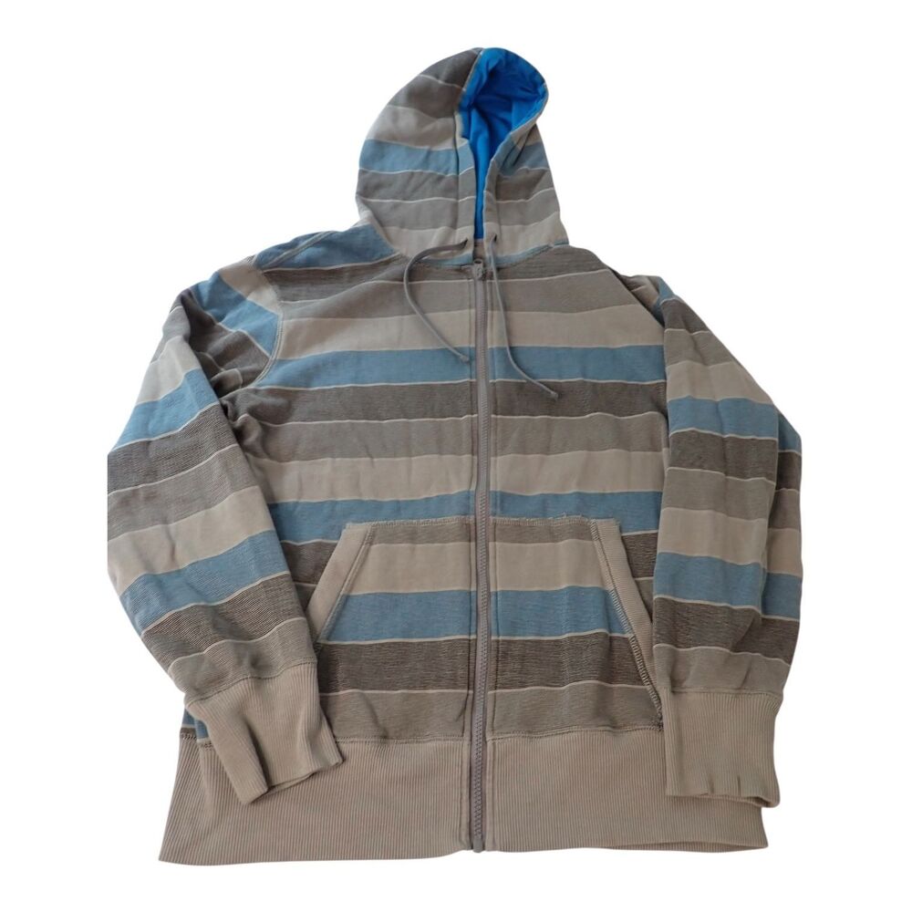 Op Ocean Pacific Hoodie L Striped Full Zip Fleece Lined Hooded Sweatshirt Gray